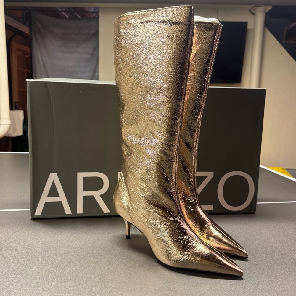 Arezzo Skye Gold Metallic Knee Stiletto Leather Boots 7.5 NIB StatementTallPart